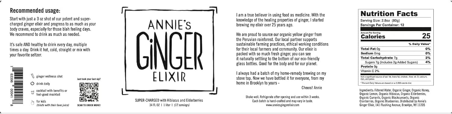 Annie's Ginger Elixir, 34oz 1-Pack, Pure Natural Organic Tonic Ginger Shot, Digestive Cleanse Boosts Immune Defense, Daily Gut Health and Wellness, Non-GMO Beverage