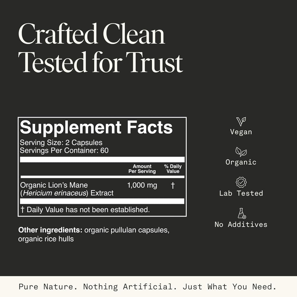 Lions Mane Supplement Capsules, Lion's Mane Mushroom Supplement for Memory, Focus & Mood support, Adaptogen Functional Mushrooms Extract - 100% USDA Organic, Vegan- Glass Jar, 120 Caps, 2 Month Supply