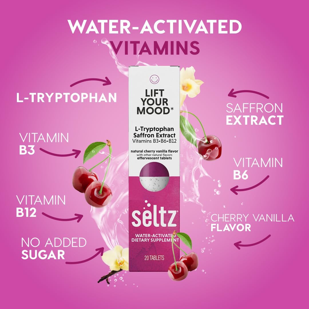 Seltz® Water-Activated Vitamins - Lift Your Mood with L-Tryptophan, Saffron Extract and Vitamins B3 B6 B12 – Natural Cherry Vanilla Flavor Dietary Supplement- 1 Pack x 20 Effervescent Tablets