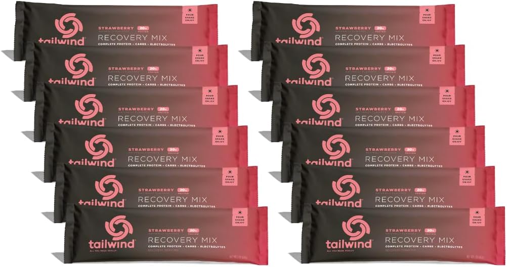 Tailwind Nutrition Recovery Mix, 20 Grams Complete Protein, Carbohydrates, and Electrolytes Powder Drink Mix for Post-Workout, Free of Gluten, Soy, and Dairy, Vegan, 12 Servings, Strawberry