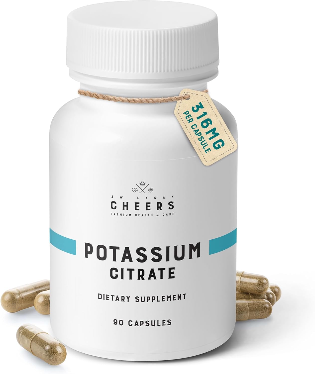 Cheers Potassium Citrate Supplement | 316mg Per Capsule | 20% Daily Value | Supports Muscle, Nerve & Heart Function | High Absorption Electrolyte for Potassium Deficiency | 90 Vegan Capsules