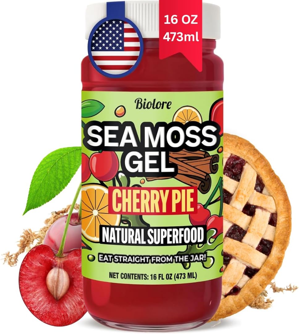 Biolore Cherry Pie Sea Moss Gel 16 oz - No Added Sugar, Vegan, Made in USA - Wildcrafted Sea Moss Superfood with 92 Essential Vitamins - Ready to Use, No Prep Needed