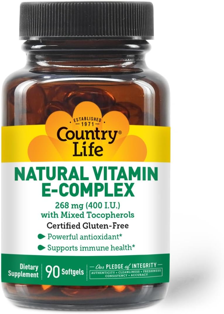 Country Life Vitamin E-Complex 400 IU – Natural Mixed Tocopherols – Antioxidant & Immune Support – Promotes Skin Health & Fights Oxidative Stress – Certified Gluten-Free – 90 Softgels