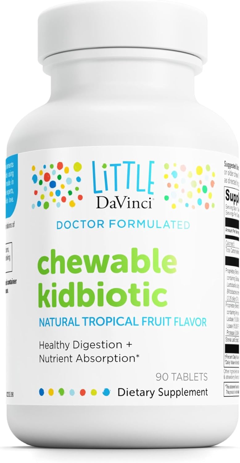 DAVINCI Labs Chewable Kidbiotic - Kids Probiotics to Support Digestion, a Healthy Gut, Brain Health and Immunity - with Probiotics, Amylase, and More - Tropical Fruit Flavor - 90 Chewable Tablets