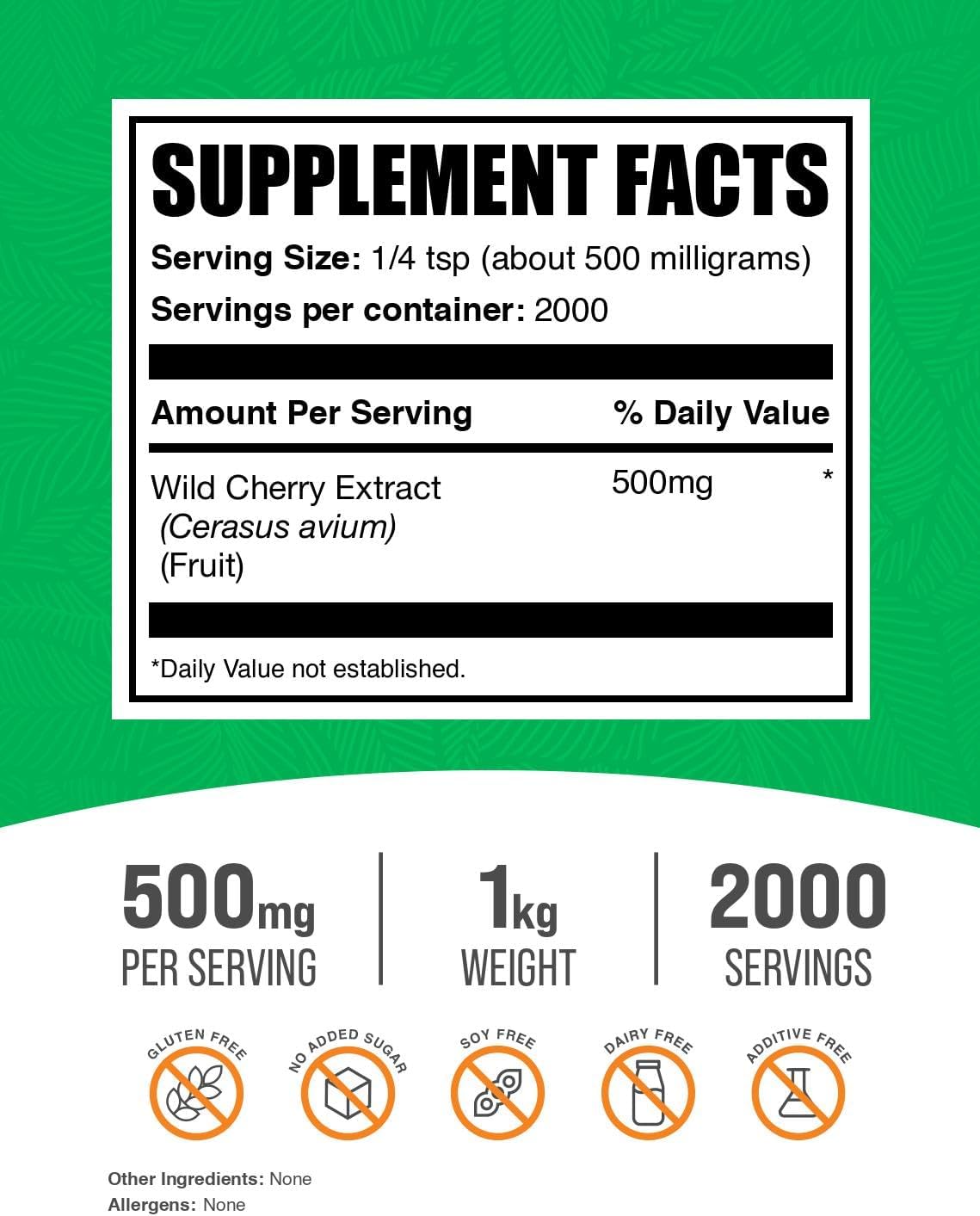 BulkSupplements.com Wild Cherry Extract Powder - Cherry Supplement, Herbal Supplement - Gluten Free, 500mg per Serving, 1kg (2.2 lbs) (Pack of 1)