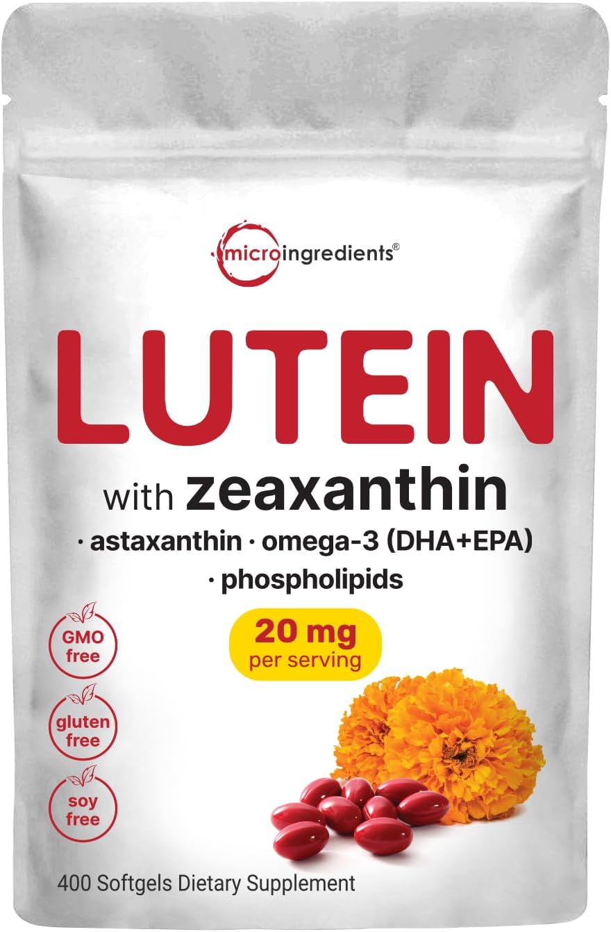 Micro Ingredients Lutein & Zeaxanthin 20mg Softgels, 400 Count, with Astaxanthin, Omega-3s, & Phospholipids | Eye + Vision Health Vitamins | Third Party Tested, Non-GMO, Gluten Free