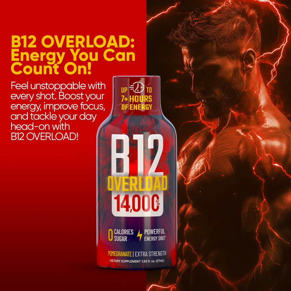 B12 Overload Extra Strength Energy Shot – Pomegranate – 260mg Caffeine, 14000% B12, Electrolytes – Energy & Vitality Support – Zero Sugar No Calories – Vegan, Kosher, Gluten-Free – 1.93 fl oz, 10-Pack