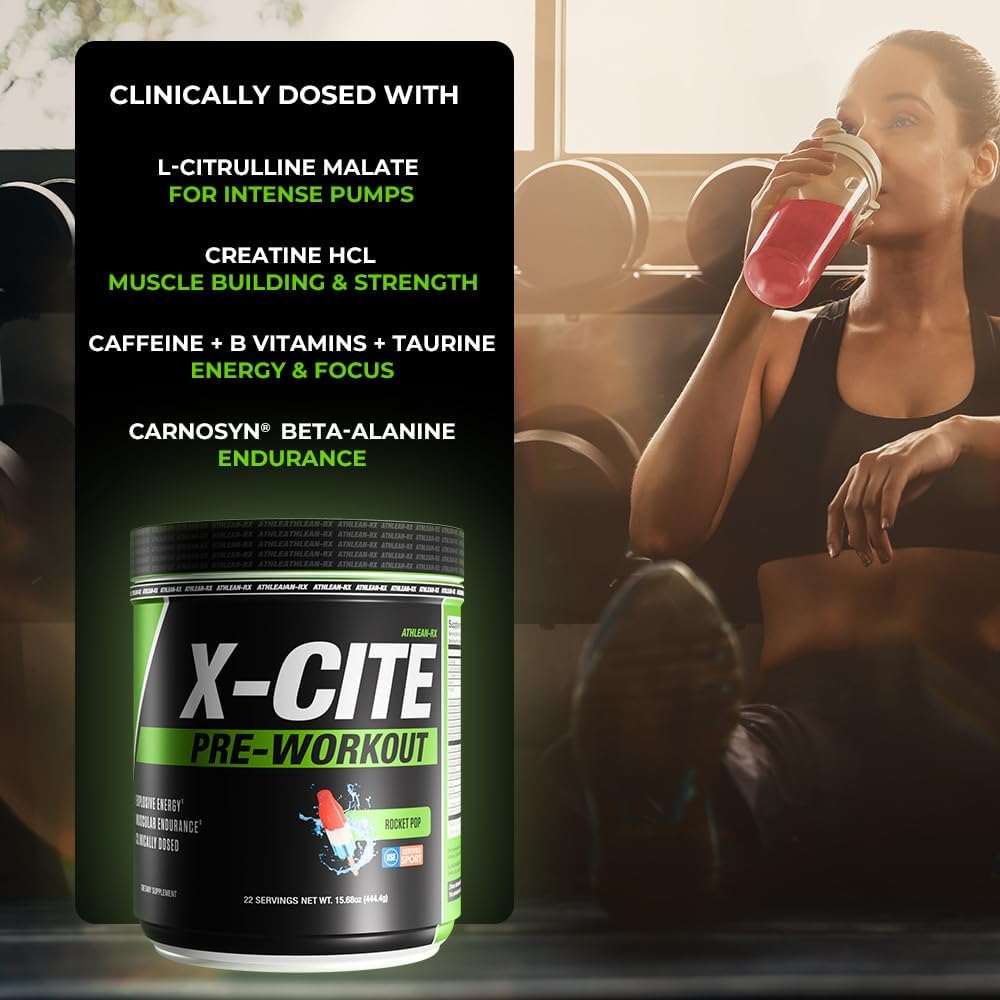 X-CITE Pre-Workout by ATHLEAN-X - Enhanced Formula with Beta-Alanine, Creatine & Caffeine for Ultimate Energy, Endurance, Focus & Muscle Pump, NSF Certified for Sports (22 Servings, Rocket Pop)