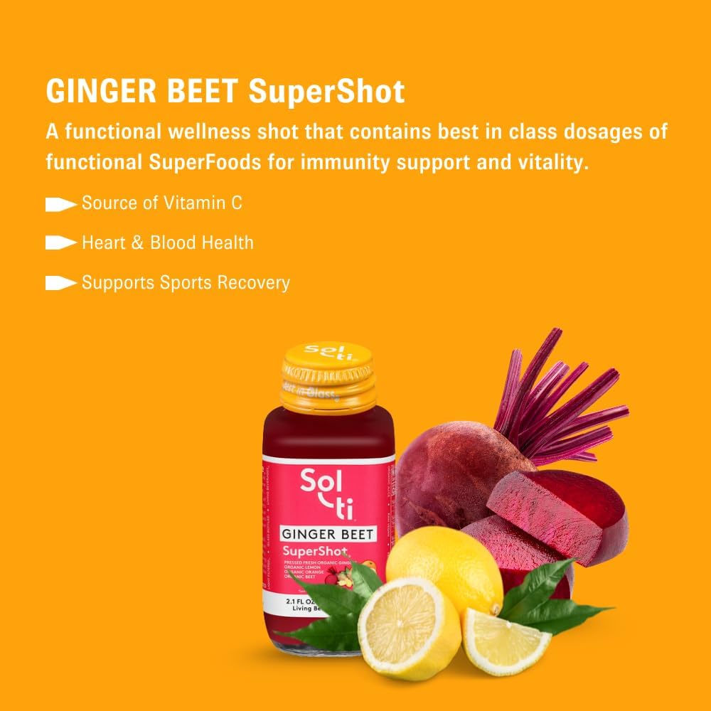 Organic GINGER BEET SuperShot Drink, Helps Aid Muscle Recovery, Circulation and Lung Health, SuperFood by Sol-ti, Cold-Pressed Orange and Lemon Juice Blend, 12 Pack (2.1 Fl oz)