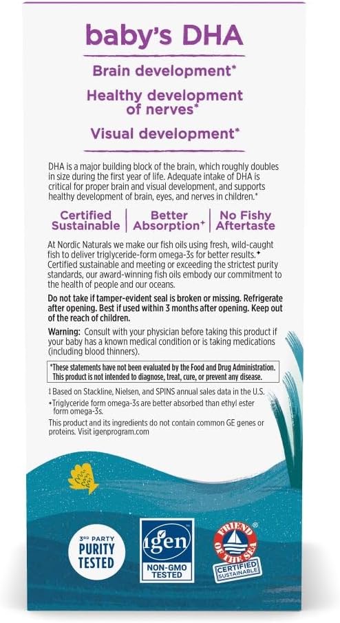 Nordic Naturals Baby’s DHA, Unflavored - 4 oz - 1050 mg Omega-3 + 300 IU Vitamin D3 - Supports Brain, Vision & Nervous System Development in Babies - Non-GMO - Servings May Vary