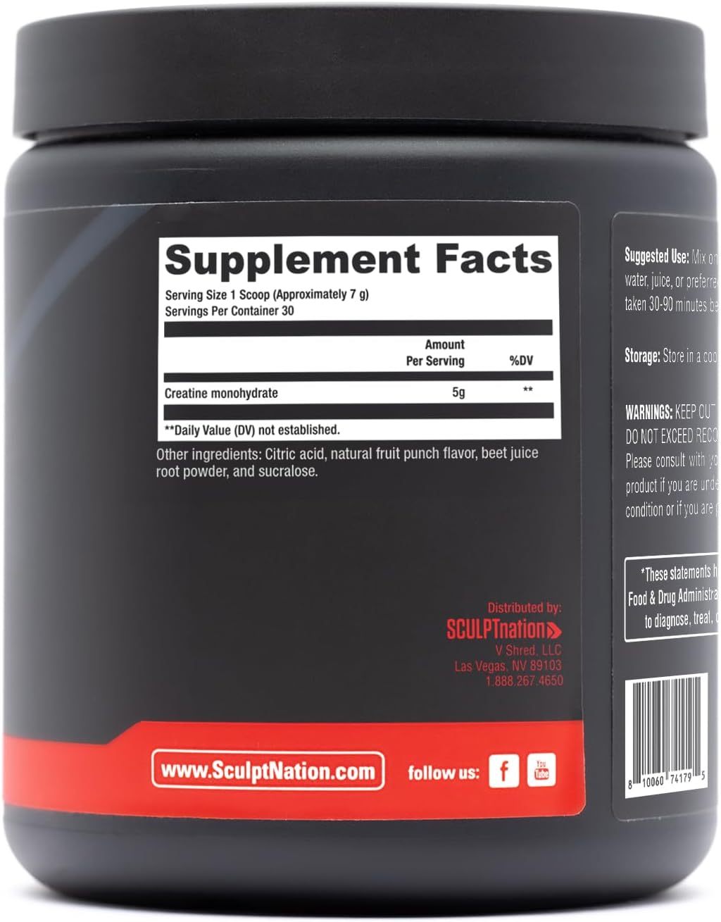 Sculpt Nation by V Shred Creatine - Premium Creatine Monohydrate Powder to Support Muscles, Energy, and Brain Function, Fruit Punch Flavored Creatine - 30 Servings
