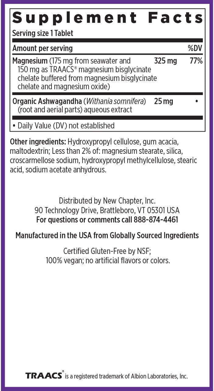 New Chapter Magnesium + Ashwagandha Supplement, 325 mg with Magnesium Glycinate for Muscle Relaxation & Recovery, Heart, Nerve & Bone Health, 2.5X Absorption, Non-GMO - 30 ct (1 Month Supply)