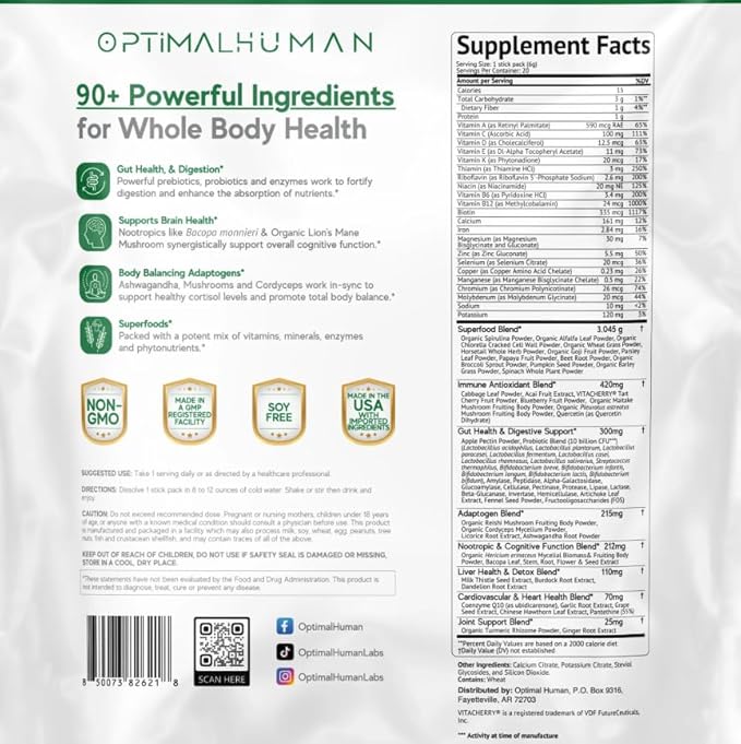 Optimal Human Superfood Greens Powder – 90+ Ingredient Blend with Lion’s Mane Supplement, Ashwagandha & Turmeric – Non-GMO, Soy-Free, Mushroom Supplements for Women – 20 Sachets
