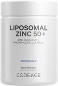 Codeage Liposomal Zinc Supplement – 3 Month Supply – One Per Day - 50 mg Zinc Gluconate Vitamin Pills - Essential Mineral Supplements Zinc Plus Liposomal Delivery Matrix - Vegan Non-GMO - 100 Capsules