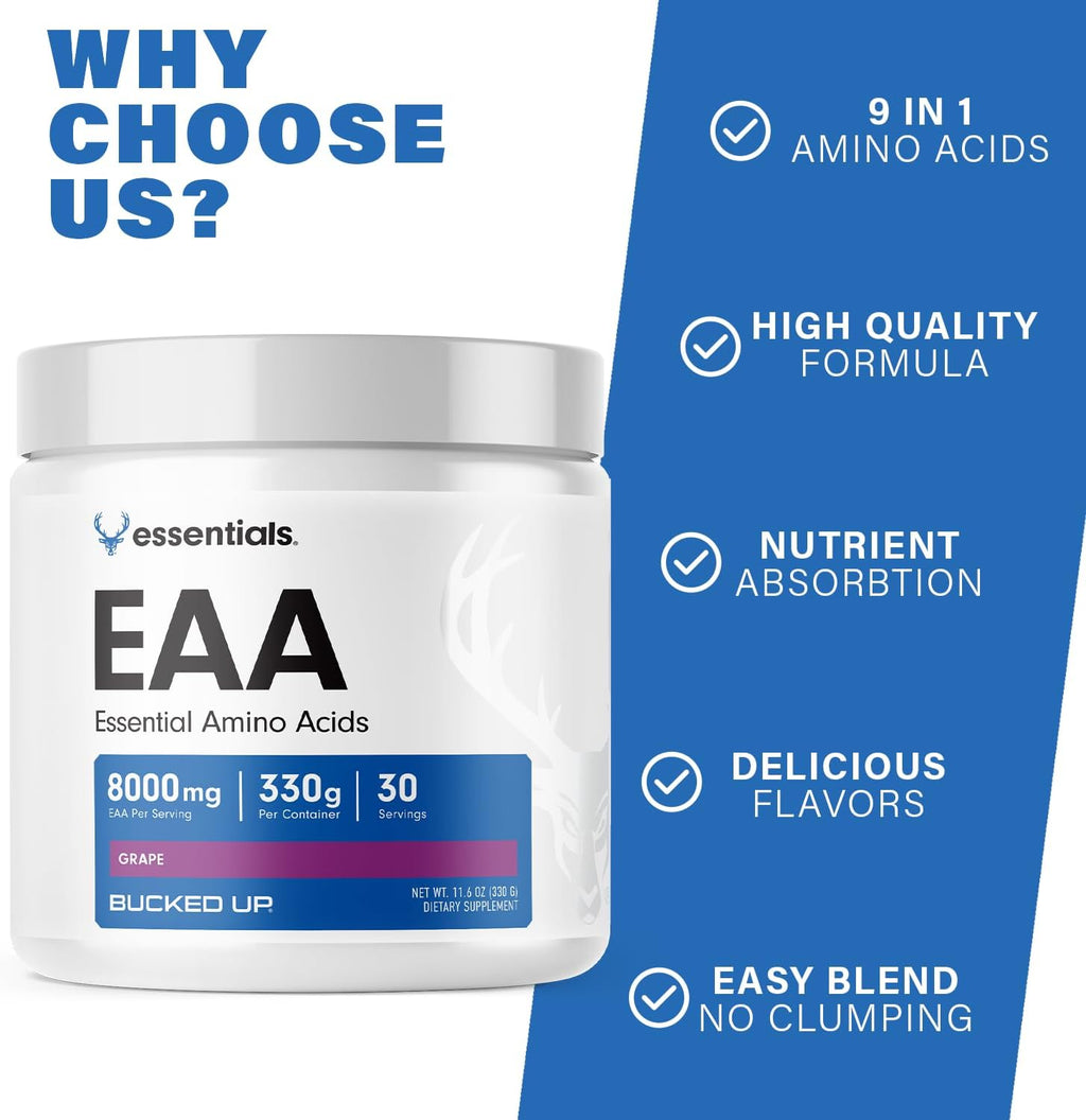 Bucked Up Essential Amino Acids - EAA Powder - Easy Mix, Non Clumping Formula - for Pre/Intra Workout - Grape Flavor - 30 Servings - 11.6 oz