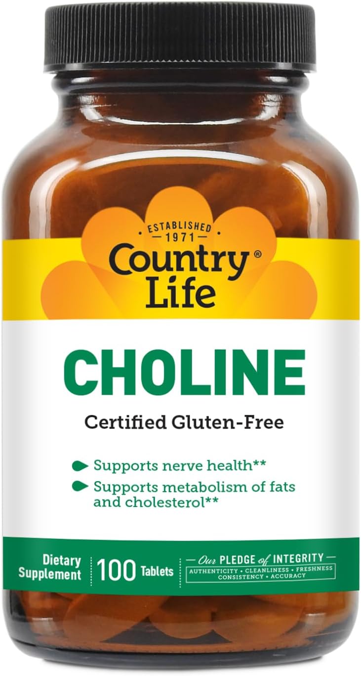 Country Life Choline 266mg, Certified Gluten Free, Certified Vegan, Certified Halal - 100 Tablets
