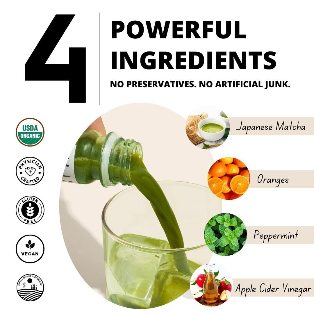 Elixir Shots Energy Wellness Shot with 100% Organic Ingredients, Matcha, Orange, Peppermint, Apple Cider Vinegar, Cold Pressed, No Added Sugars or Artificial Ingredients, 12-Pack