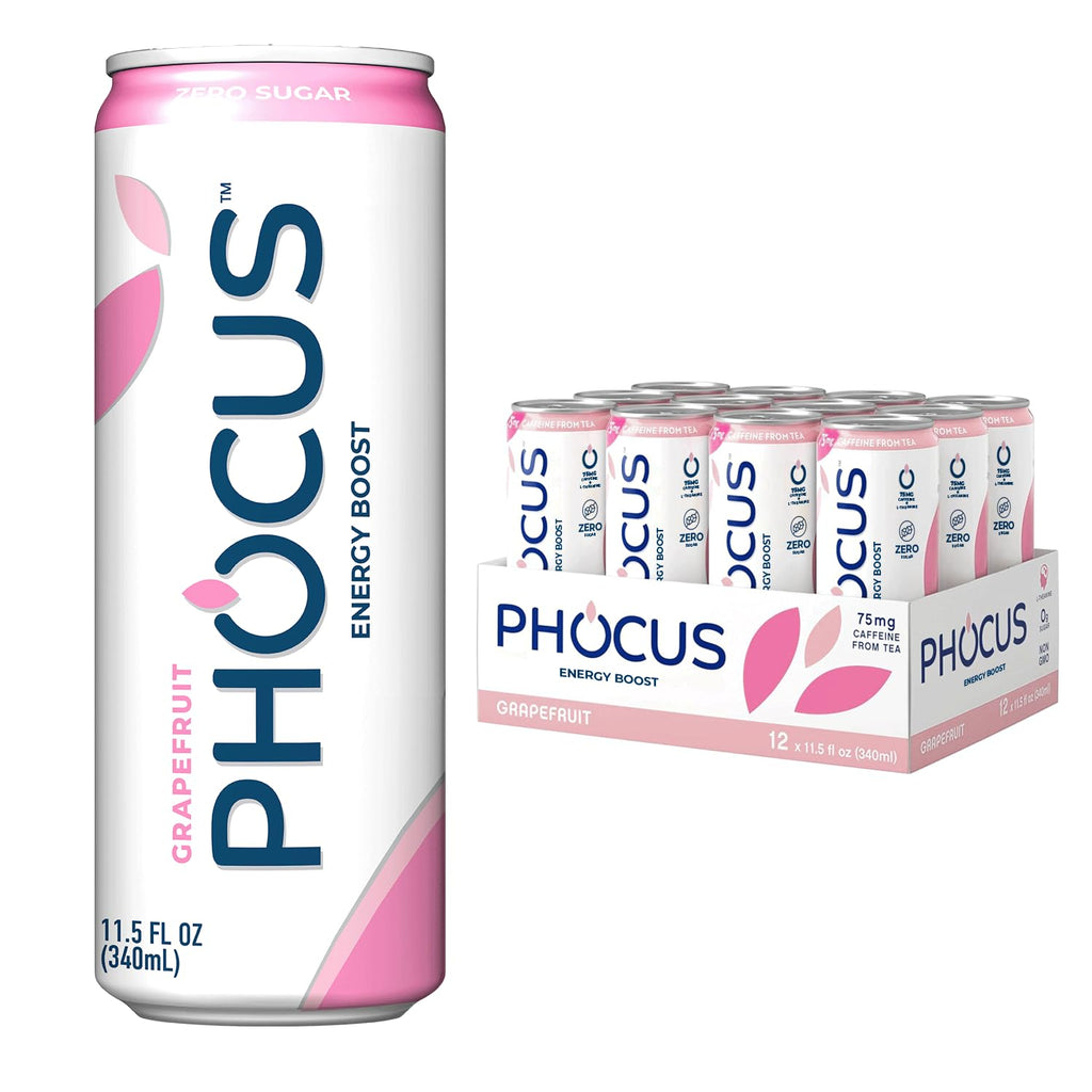PHOCUS Caffeinated Sparkling Water, Grapefruit, 75mg Natural Caffeine Plus L-Theanine, Zero Sugar, Zero Calories, No Artificial Sweeteners, 11.5 fl oz Cans (Pack of 12)