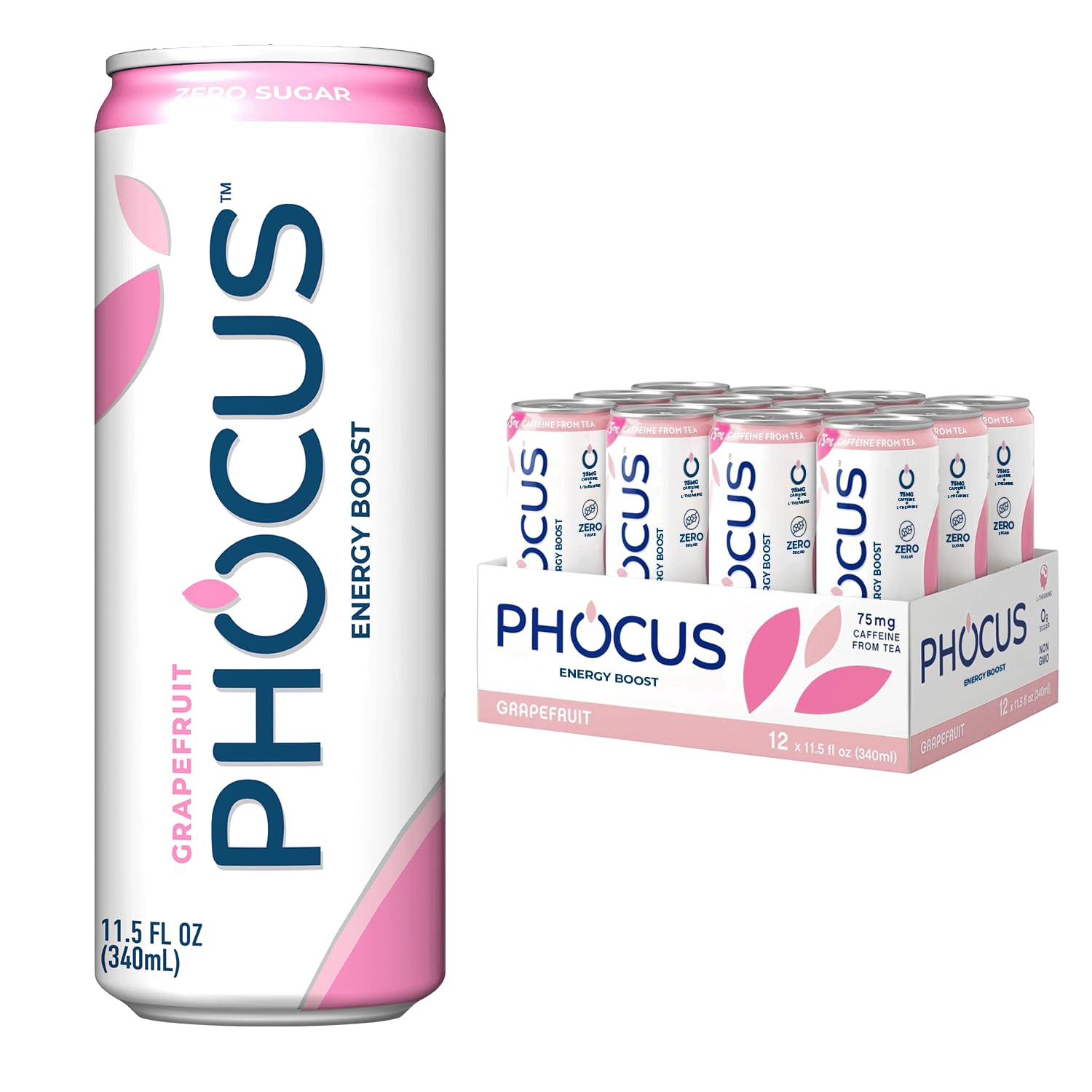 PHOCUS Caffeinated Sparkling Water, Grapefruit, 75mg Natural Caffeine Plus L-Theanine, Zero Sugar, Zero Calories, No Artificial Sweeteners, 11.5 fl oz Cans (Pack of 12)