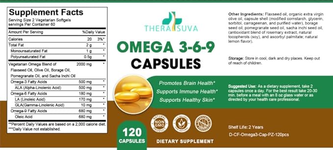 High-Potency Omega 3-6-9, 100% Vegan Sourced Natural Supplement for Heart and Joint Health, 2 Month Supply, 120 Softgels