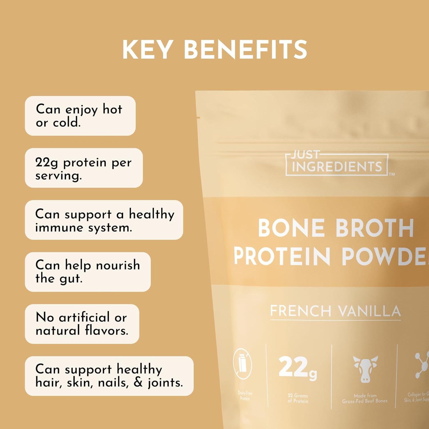 Bone Broth Protein Powder – French Vanilla | 15 Servings | 21 g Grass-Fed Protein per Serving | Dairy-Free | Collagen for Gut, Skin & Joint Support | Made with Real Food Ingredients