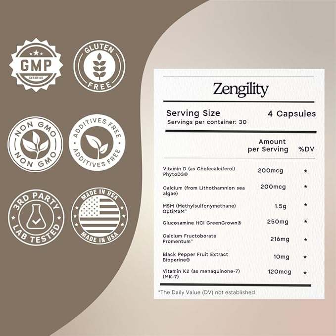 Zen Principle Zengility™ Joint Support & Bone Strength Supplement – Fast-Acting Relief with Glucosamine, MSM, Plant Calcium, Vitamin K2 & D3. Vegan Formula for Mobility, Flexibility & Comfort.