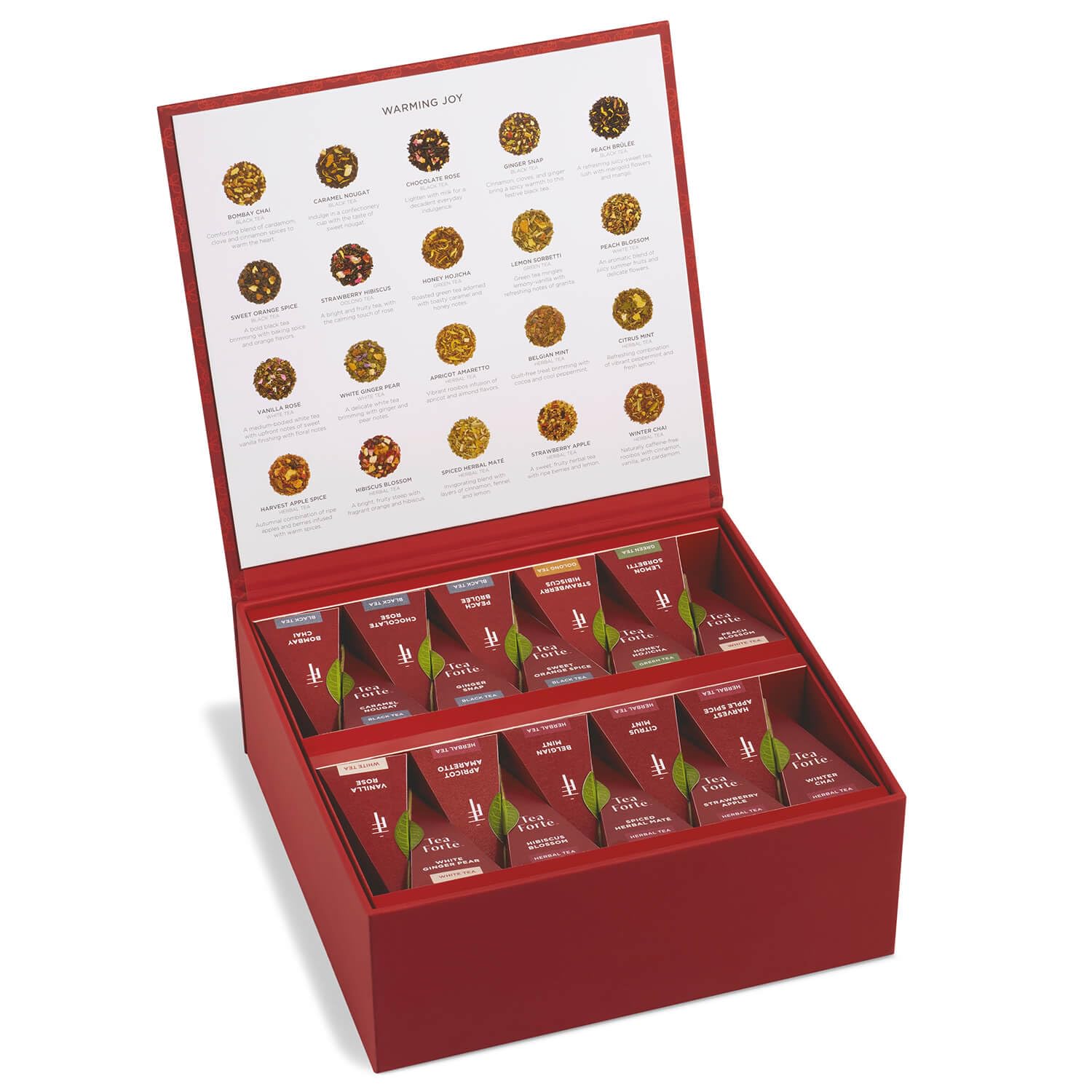 Tea Forte Warming Joy Holiday Assorted Premium Tea Chest Gift Sampler, 40 Count, 2 of each Variety Blend Individually Wrapped Handcrafted Pyramid Infuser Bags