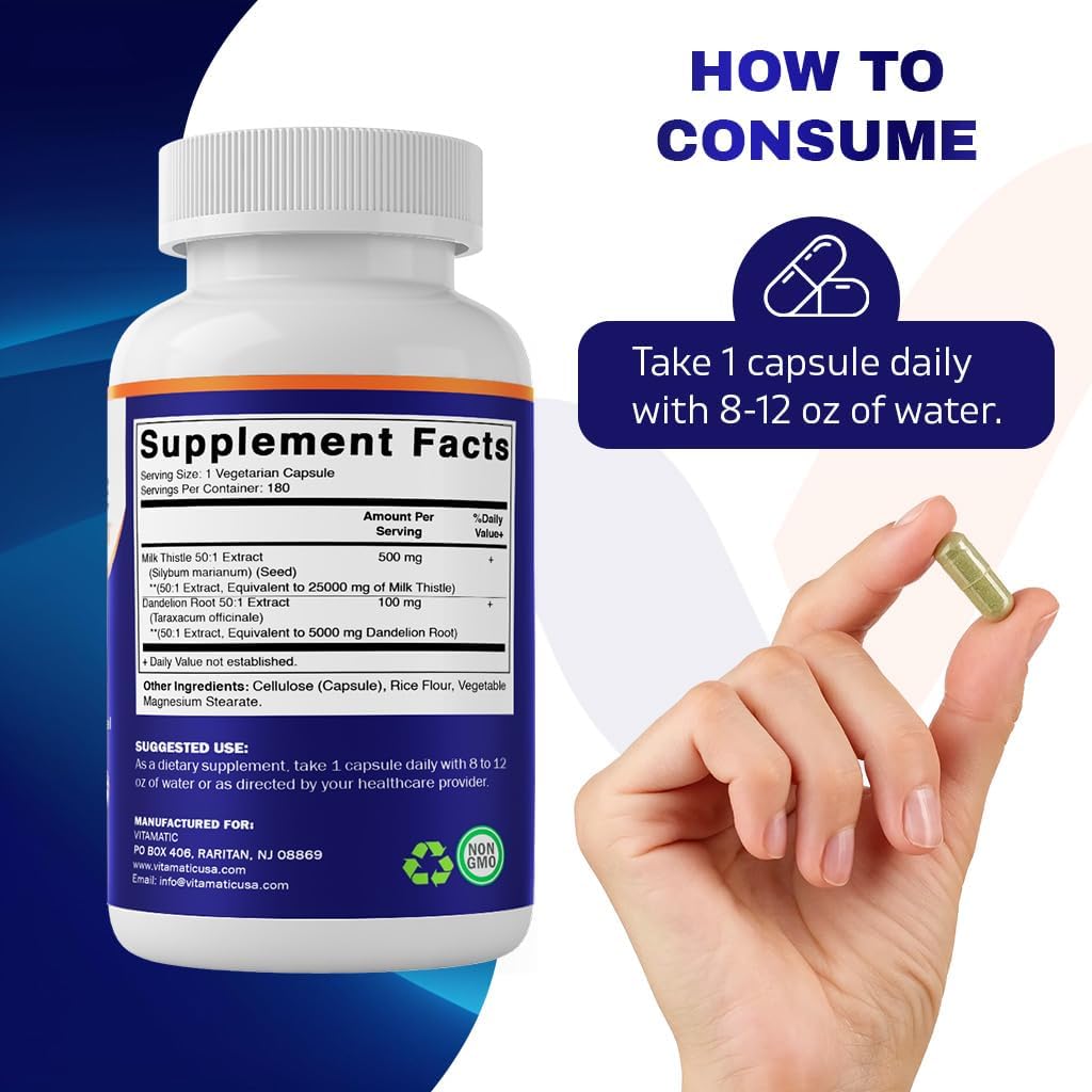 Vitamatic Milk Thistle 50:1 Extract 500mg, Dandelion Root 50:1 Extract 100mg, 180 Vegetarian Capsules, Non-GMO, Gluten Free
