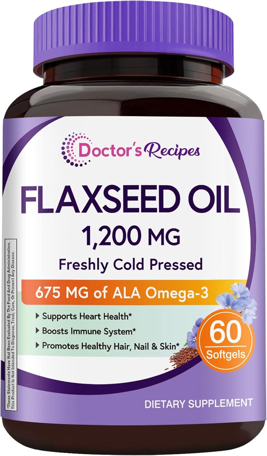 Doctor's Recipes Flaxseed Oil, 1200 mg, Freshly Cold Pressed, High in ALA, Omega 3 6 9, No Gluten, No Soy, for Heart Health, Non GMO, 60 Softgels