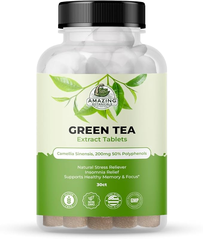 Amazing Botanicals Green Tea Extract Tablets - Camellia Sinensis, 200mg 50% Polyphenols | Daily Wellness Supplement | Non-GMO, Gluten Free - 30 Count