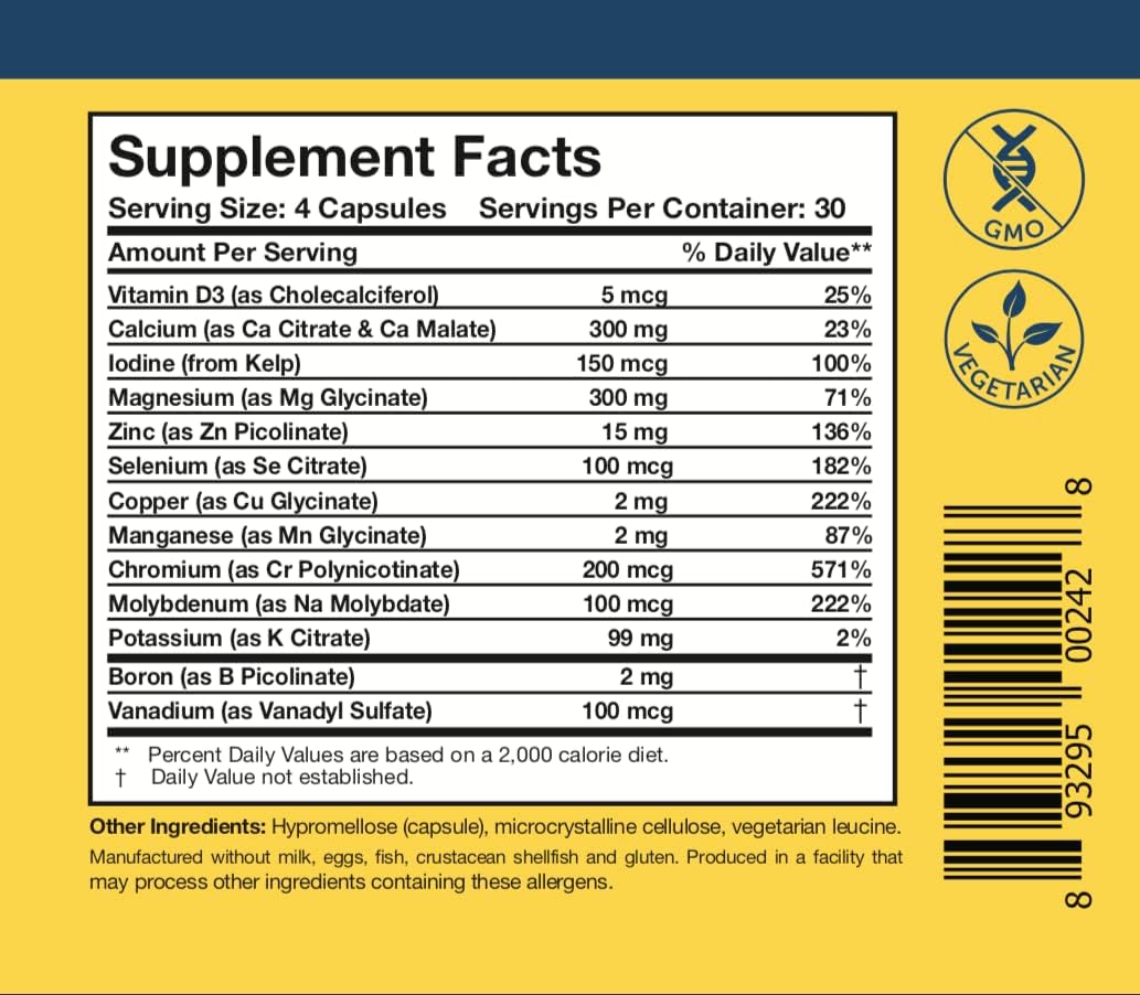 Researched Nutritionals Core Minerals - Iron-Free Multi Minerals Supplement with Vitamin D3 & Trace Minerals to Support Bone Strength, Thyroid & Brain Health (120 Capsules)