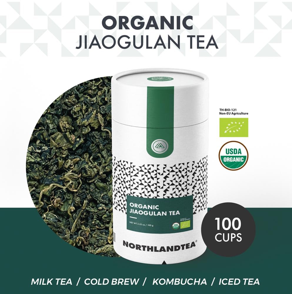 Organic Gynostemma Tea - Jiaogulan Tea 3.52 OZ – Certified USDA & EU Organic – Loose Leaf - Caffeine Free - Directly from Thailand Local farmer - Eternal life Herb - Northlandtea