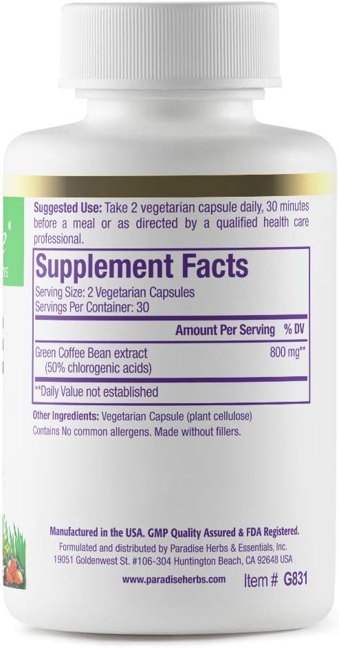 Paradise Herbs Green Coffee Bean, Active Whole Spectrum Extract, Super Potent, Ultra Pure, Vegan, Gluten Free, Non-GMO, 60 Count (Pack of 2)