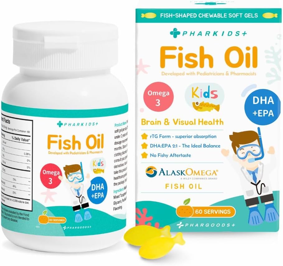 Kids' Fish Oil – 272mg Omega-3 DHA & EPA for Brain, Vision & Immune Support – Orange Flavor Fish-Shaped Soft Gels – 60 Servings