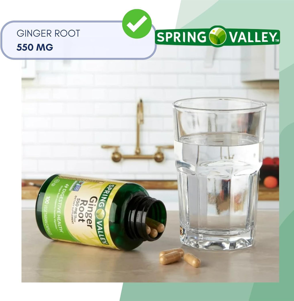 Spring Valley Ginger Root 550mg, Dietary Supplement Capsules, Digestive Health, 100 Count per Bottle (Pack of 2), Set with Basket Goods Store Polybag (1)