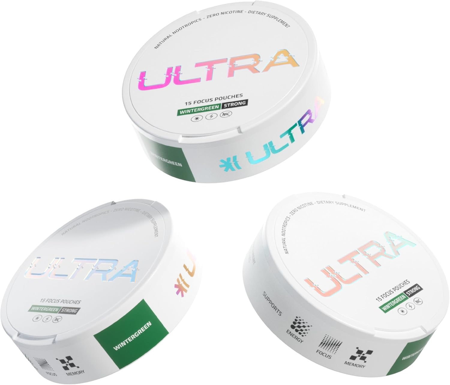 Ultra Focus Pouches with Vitamin B12, L Theanine, Vitamin B6, Ginseng & Alpha GPC, Natural Adaptogens and Nootropics for Energy and Clarity, Plant Based and Caffeine Free, Wintergreen, 3 Pack