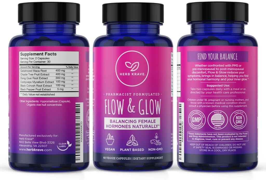 Flow and Glow Natural Hormone Balance for Women - PMS & Menopause Relief for Cramps, Mood Swings & Night Sweats with Donq Quai & Black Cohosh for Menopause - 60 Vegan Capsules (2 Pack)