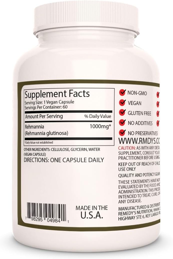 Remedy's nutrition Rehmannia Root - 1,000 mg, 60 Vegan Capsules Herbal Dietary Supplement - 2 Month Supply