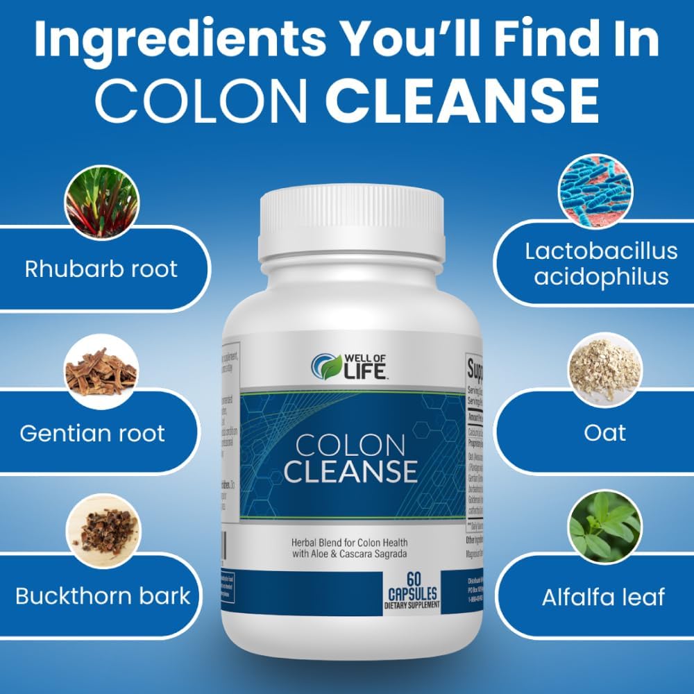 Well of Life: Colon Cleanse: Aloe Vera, Cascara Sagrada, Rhubarb Root, Bentonite. Helps in Digestion, Helps Relieves Constipation. 700mg | 60 Vegetarian Capsules. Vegan, Non-GMO. USA-Made.