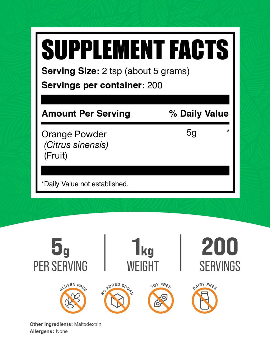 BulkSupplements.com Orange Powder - Orange Fruit Powder, Nutrient-Rich Flavoring - Gluten Free, 5g per Serving, 1kg (2.2 lbs) (Pack of 1)
