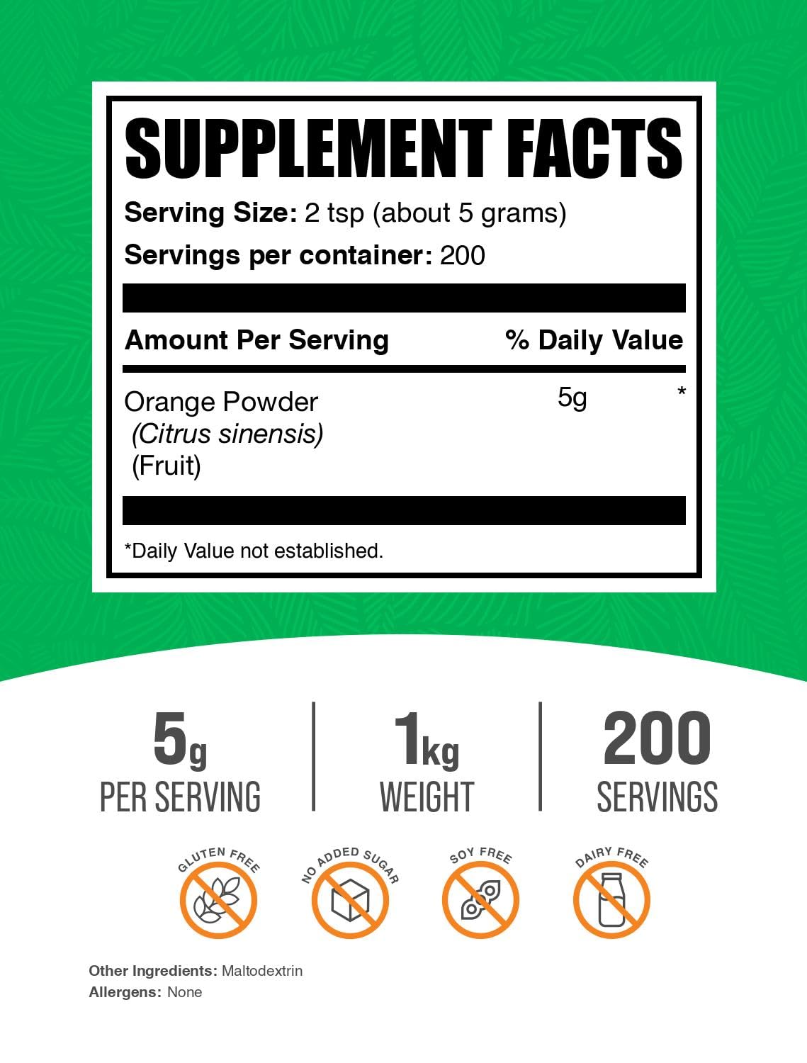 BulkSupplements.com Orange Powder - Orange Fruit Powder, Nutrient-Rich Flavoring - Gluten Free, 5g per Serving, 1kg (2.2 lbs) (Pack of 1)