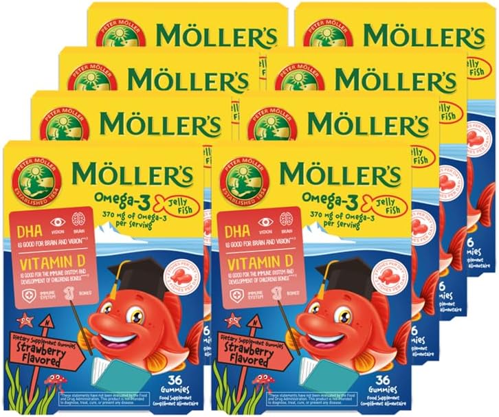 Moller’s ® | Omega 3 Capsules for Children | Natural Fish Oil Omega 3 Fish Oil for Kids | with DHA and EPA, No Gluten, Lactose or Added Sugar & Easy to Chew | Strawberry Flavor | 8 Pack - 288 Capsules