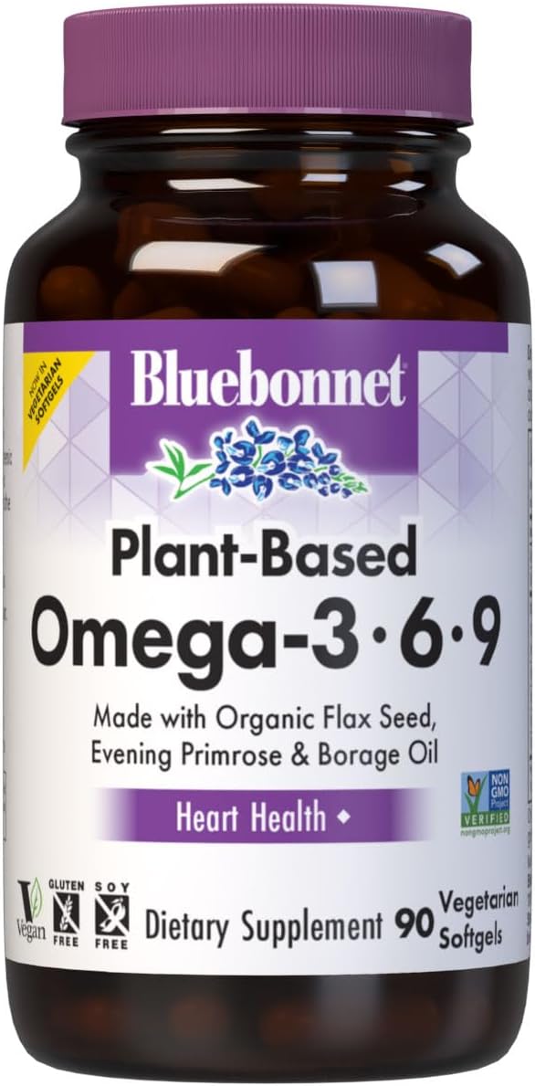 Bluebonnet Nutrition Plant Based Omega 3-6-9-1000 mg – for Heart Health* – Highly Absorbable Cold Pressed Oil – Non-GMO Project Verified, Vegan – Free of Gluten, Soy & Milk - 90 Softgels, 90 Serving