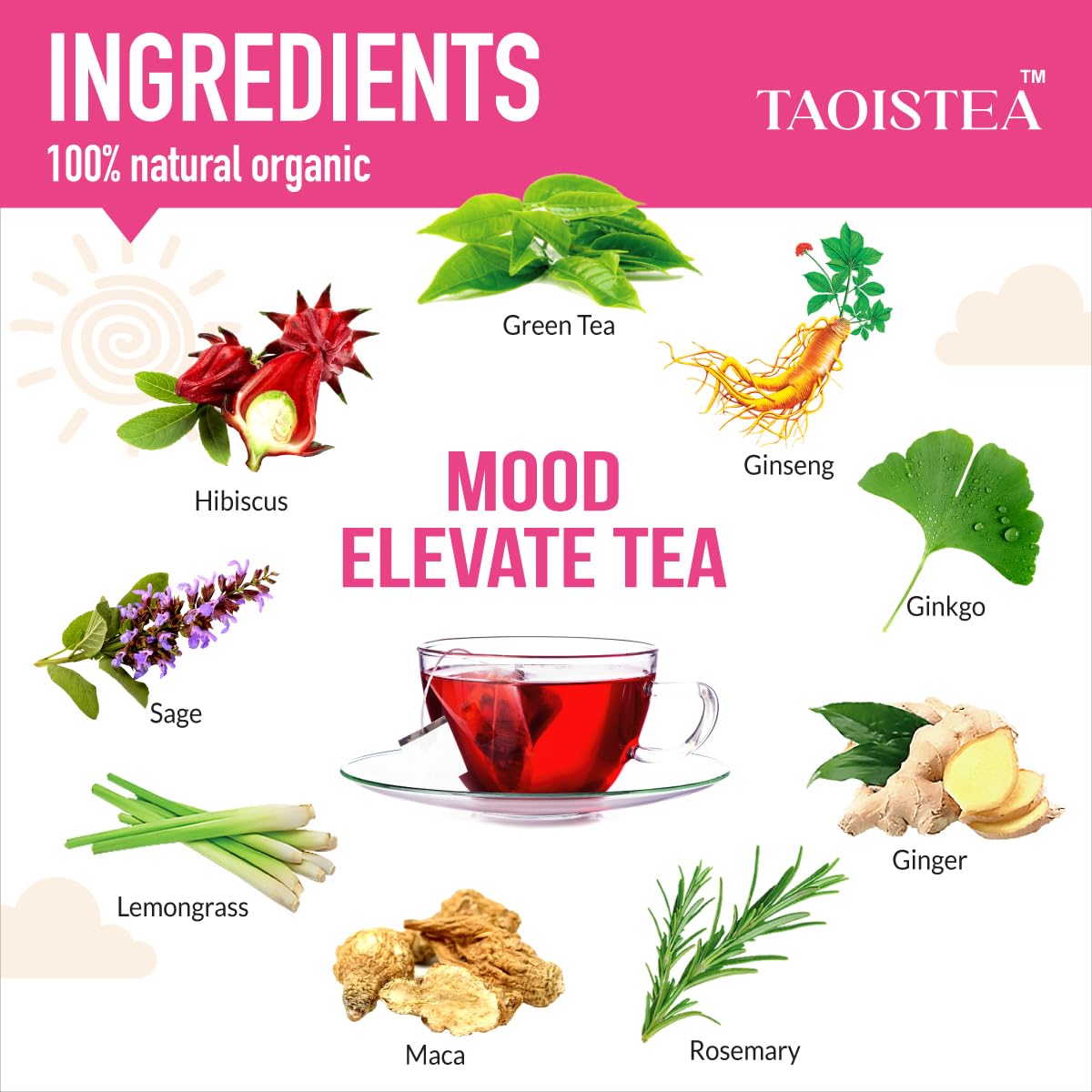 Mood Elevate Tea, Energizing Herbal Tea Blend with Ginseng, Green Tea, Ginkgo, Hibiscus, Uplifting Mood Booster and Healthier Coffee Alternative - 14 Bags