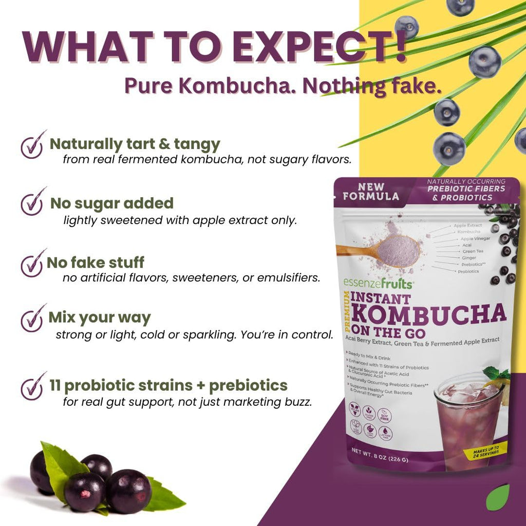 Essenzefruits Acai Kombucha Powder Tea Mix Beverage – Sugar Free, Fermented & Dried - Just Add Water! Probiotics & Prebiotics, Vitamin C - Makes up to 30 Cups (8 Oz, 226g)