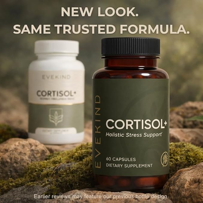 EVEKIND Cortisol Manager + Women’s Stress Relief & Hormone Balance Supplement – Adrenal Support for Mood, Focus & Energy – KSM-66® Ashwagandha, Rhodiola, L-Theanine – Vegan, Non-GMO, 60 Capsules