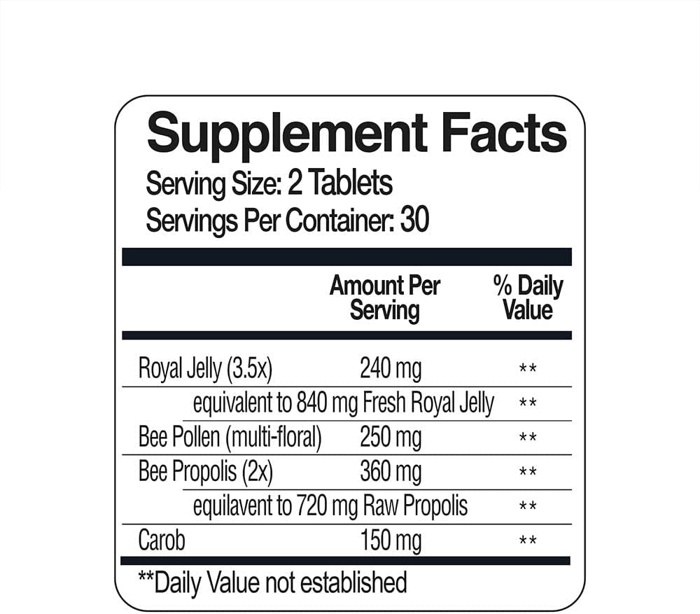 Bee and You Royal Jelly Tablet, Propolis Extract, Bee Pollen, 100% Natural Superfood, Ultra Pure, Immune Support Supplement, Improve Energy, Focus, Antioxidants, Fresh, Keto, Paleo, Gluten-Free | 60ct
