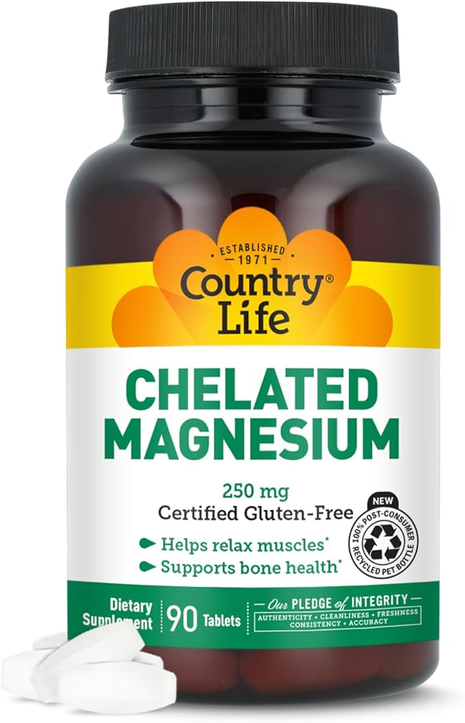 Country Life, Chelated Magnesium 250mg, Supports Bone and Immune Health, Daily Supplement, 90 ct