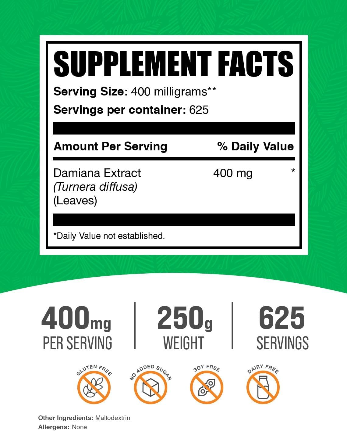 BulkSupplements.com Damiana Extract Powder - Damiana Supplement, Herbal Supplement - Vegan & Gluten Free, 400mg per Serving, 250g (8.8 oz) (Pack of 1)