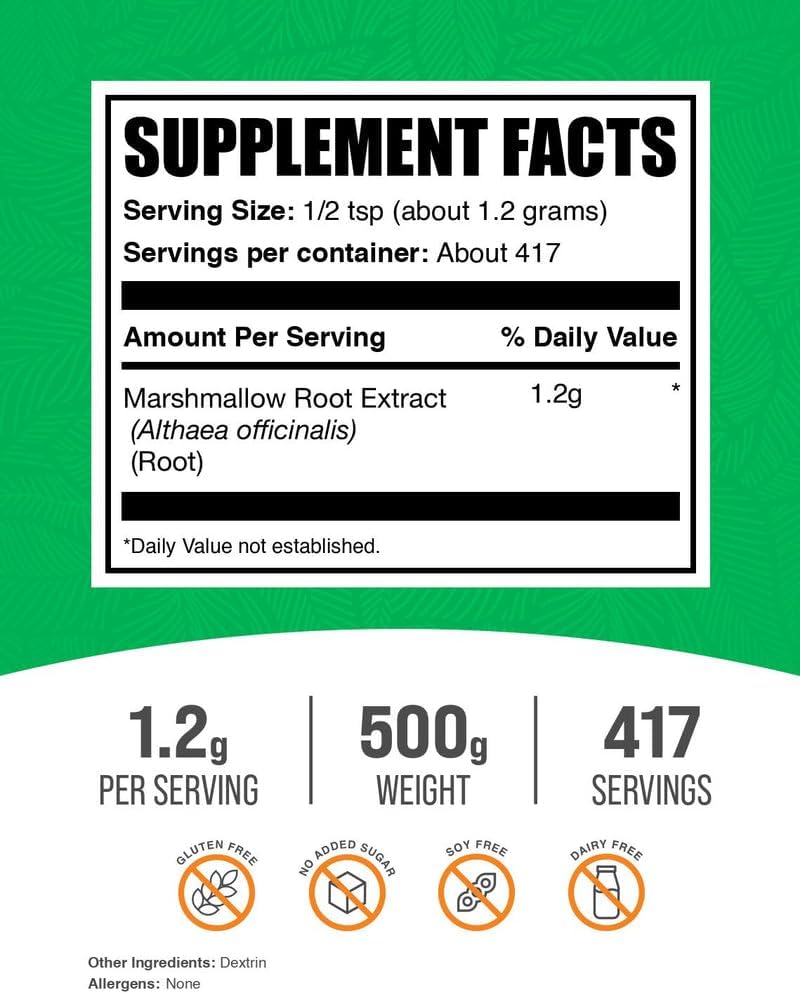 BulkSupplements.com Marshmallow Root Extract Powder - Marshmallow Root Supplement, Herbal Supplement - Gluten Free, 1.2g per Serving, 500g (1.1 lbs) (Pack of 1)